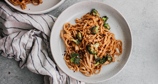 Crispy Broccoli and Kefir Tahini Spicy Noodles
