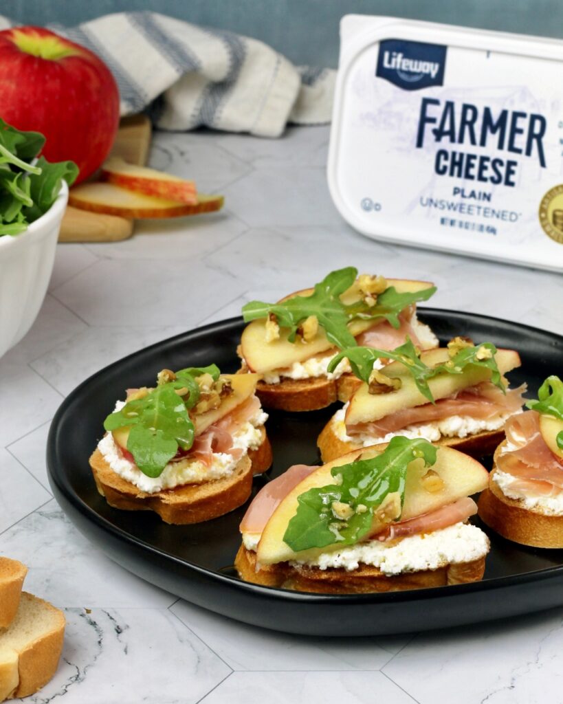 Apple and Farmer Cheese Crostini with Hot Honey made with Lifeway Kefir