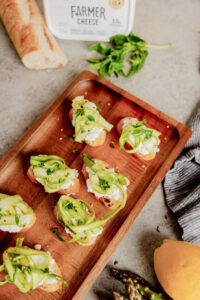 Asparagus Ribbon Crostini with Farmer Cheese made with Lifeway Farmer Cheese