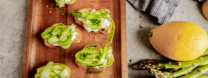 Asparagus Ribbon Crostini with Farmer Cheese made with Lifeway Farmer Cheese
