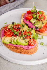 Beet Avocado Tomato Toast with Farmer Cheese