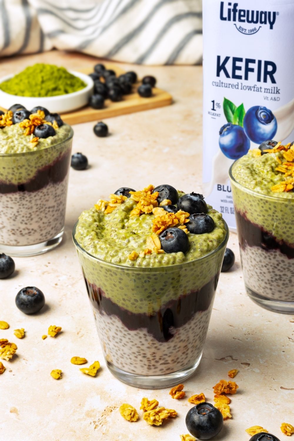 Blueberry Matcha Chia Pudding made with Lifeway