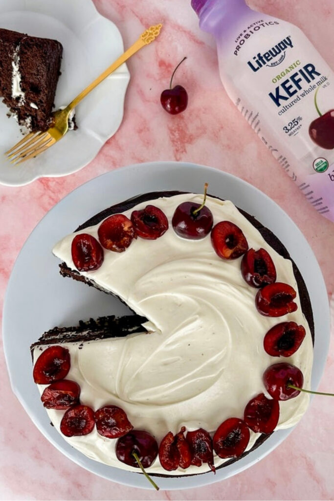 Chocolate Cherry Kefir Layer Cake made with Lifeway Kefir and Farmer Cheese