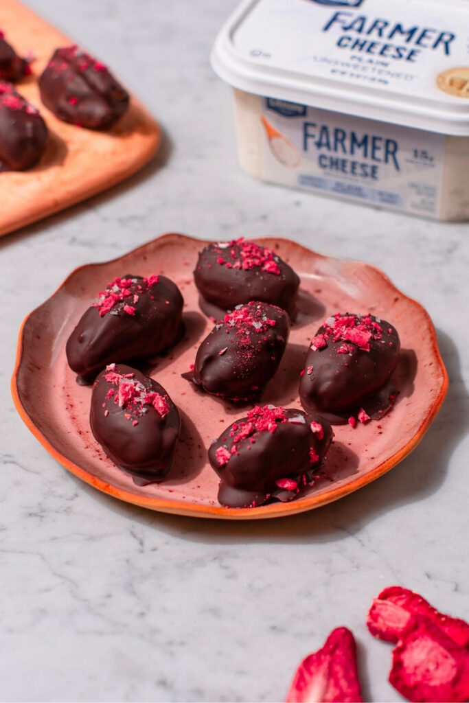 Chocolate Covered Cheesecake Dates made with Lifeway Farmer Cheese