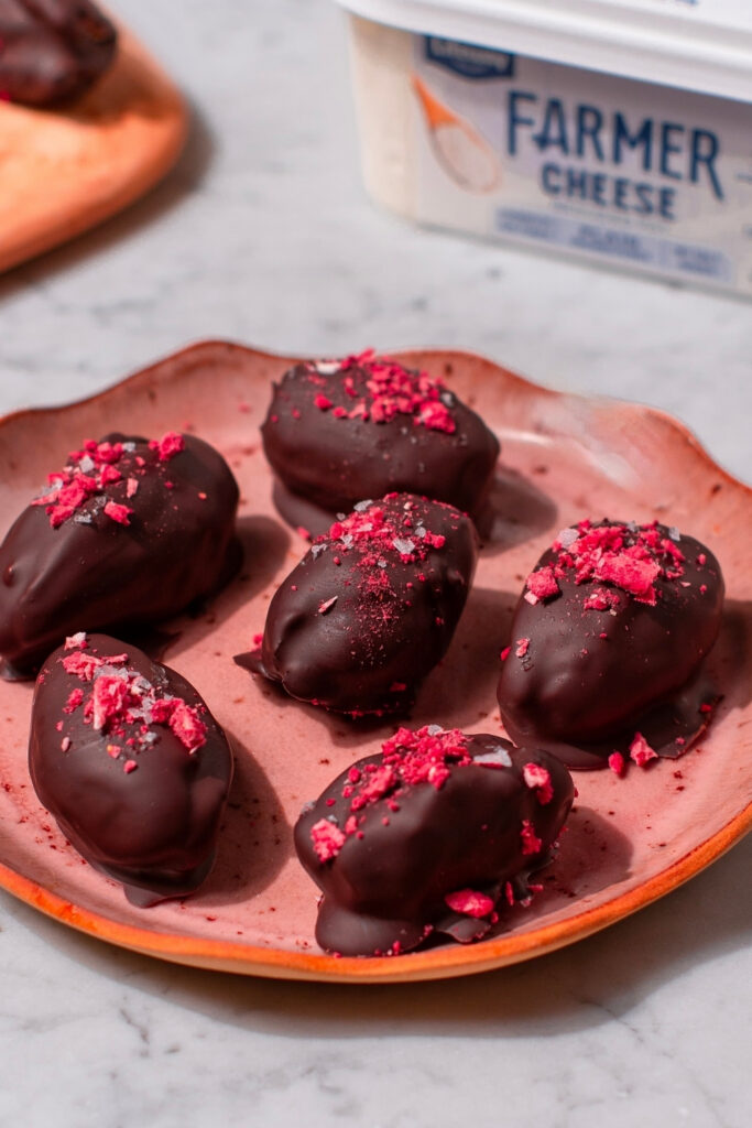 Chocolate Covered Cheesecake Dates made with Lifeway Farmer Cheese