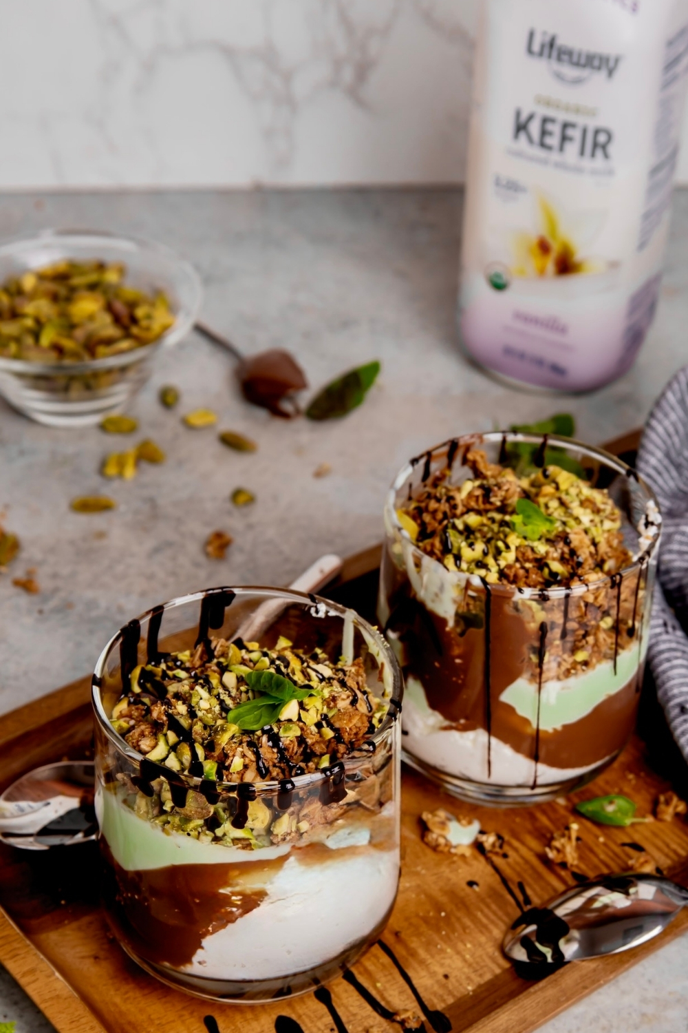 Chocolate Pistachio Farmer Cheese Parfait made with Lifeway Kefir and Farmer Cheese