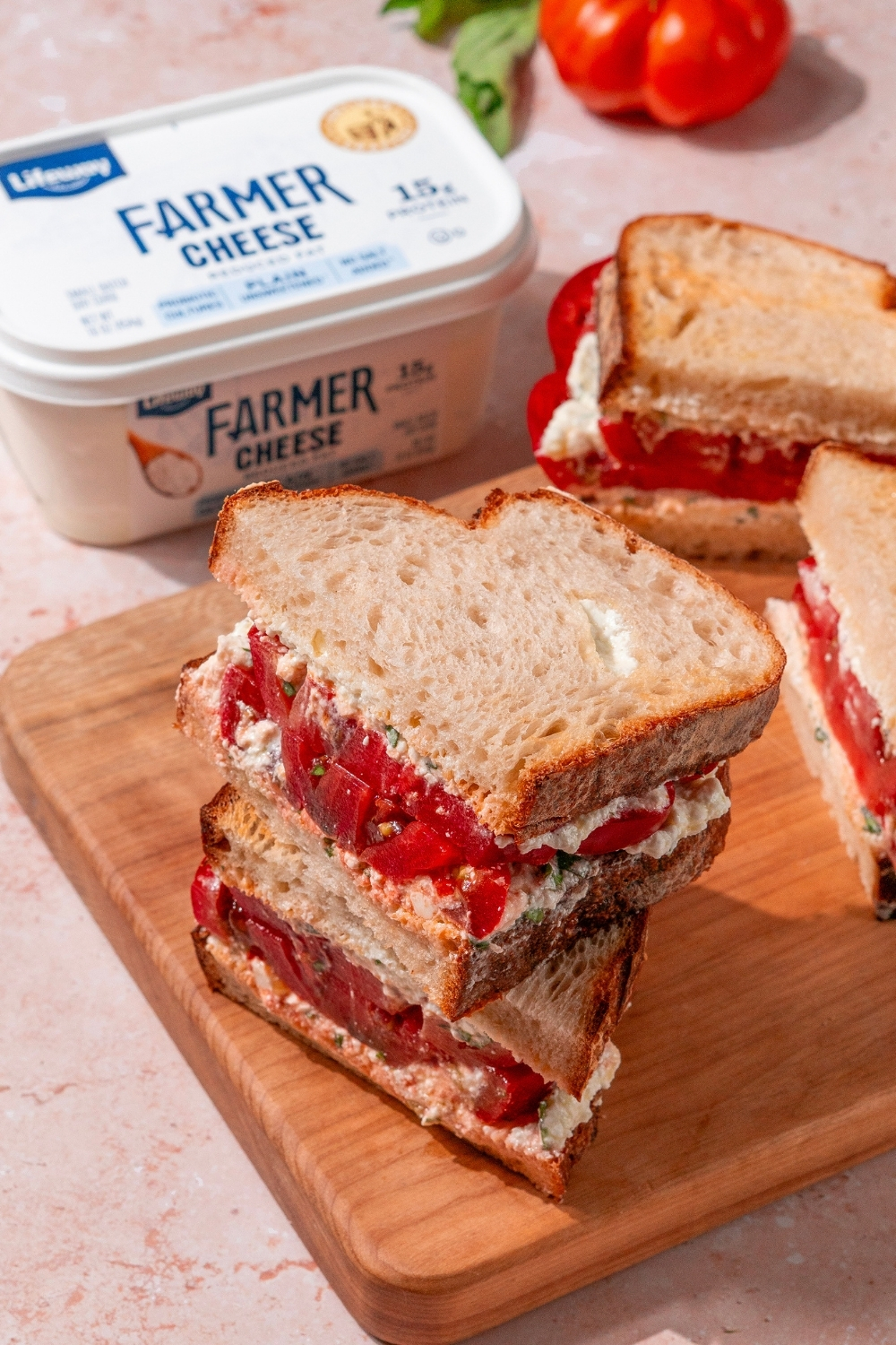 Classic Tomato Sandwich with Farmer Cheese Spread made with Lifeway Farmer Cheese