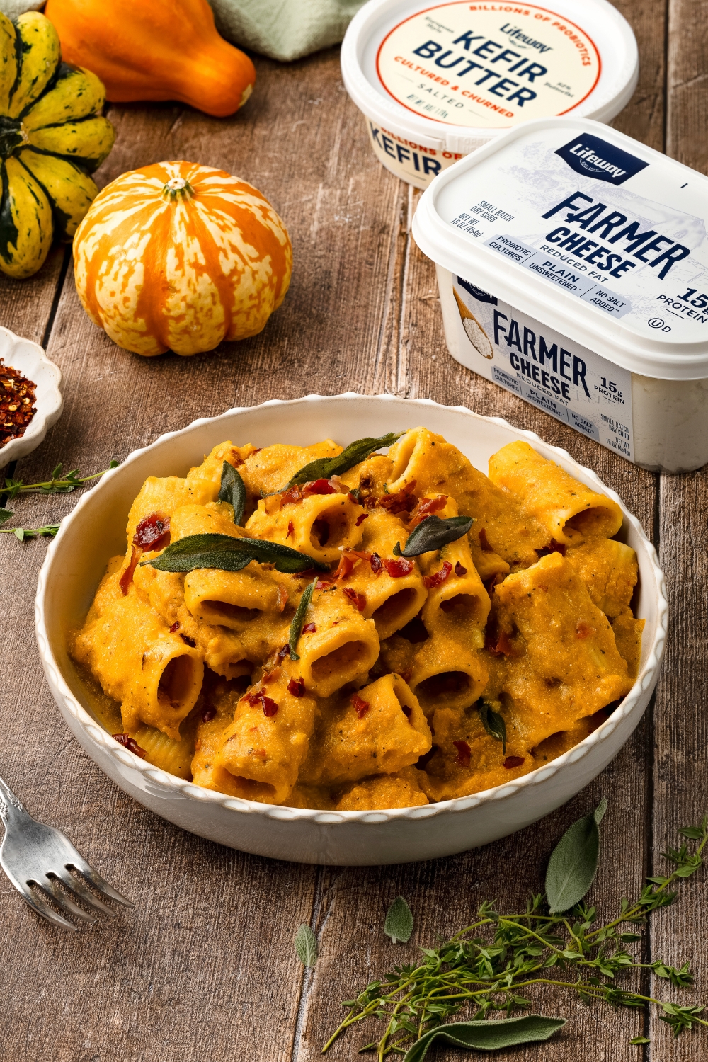 Creamy Butternut Squash Rigatoni Made with Lifeway Farmer Cheese and Kefir Butter 