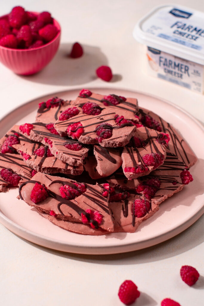 Dark Chocolate Raspberry Protein Bark made with Lifeway Farmer Cheese