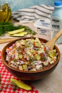 Dill Pickle Pasta Salad made with Lifeway Kefir and Farmer Cheese