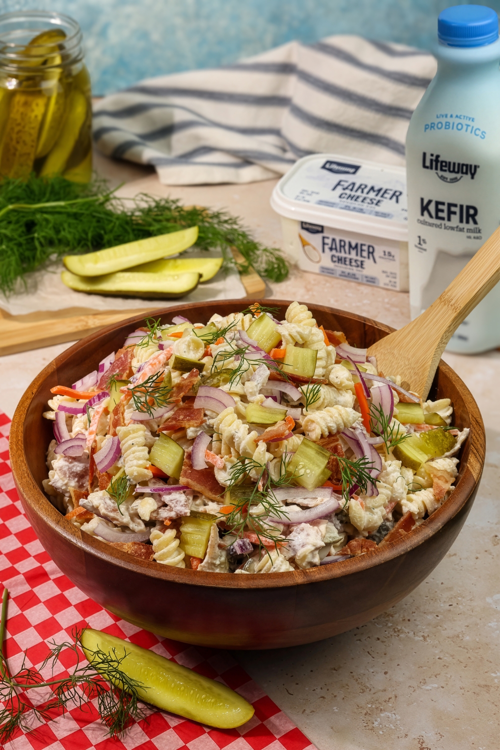 Dill Pickle Pasta Salad made with Lifeway Kefir and Farmer Cheese