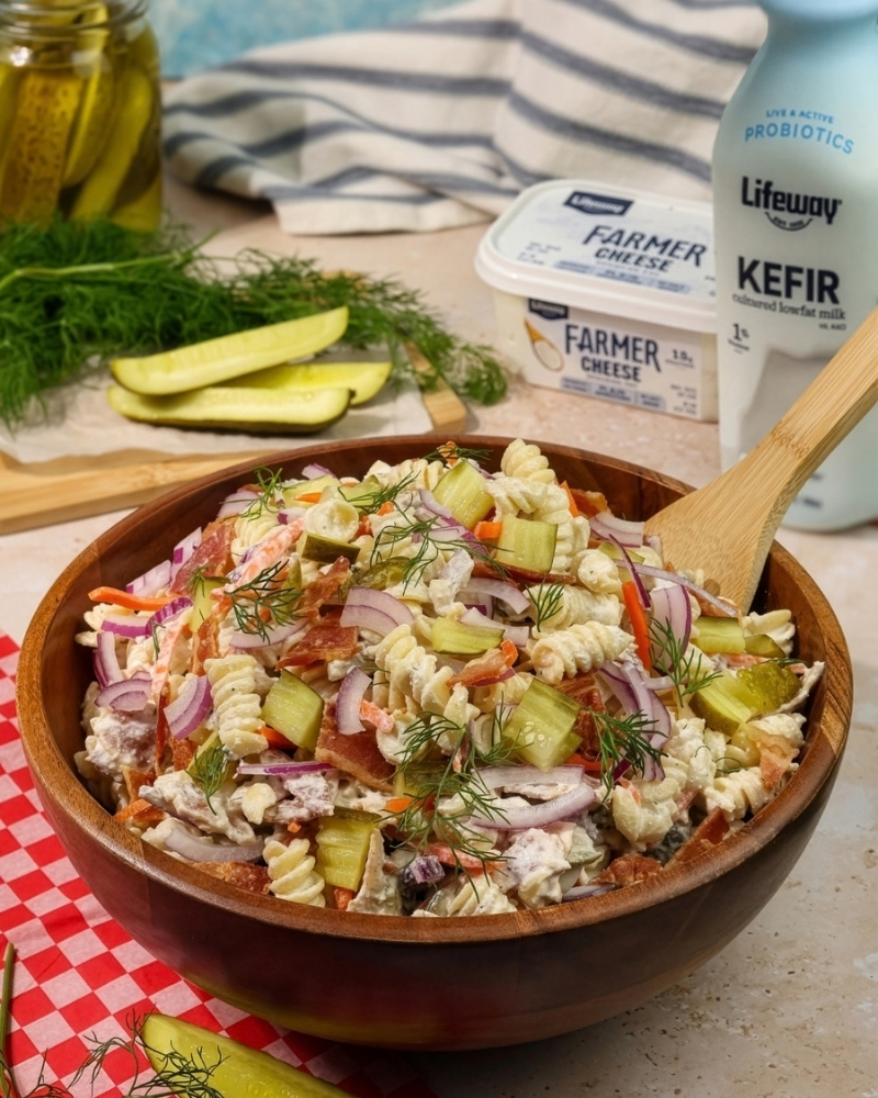 Dill Pickle Roundup with Lifeway Kefir and Farmer Cheese - Dill Pickle Pasta Salad