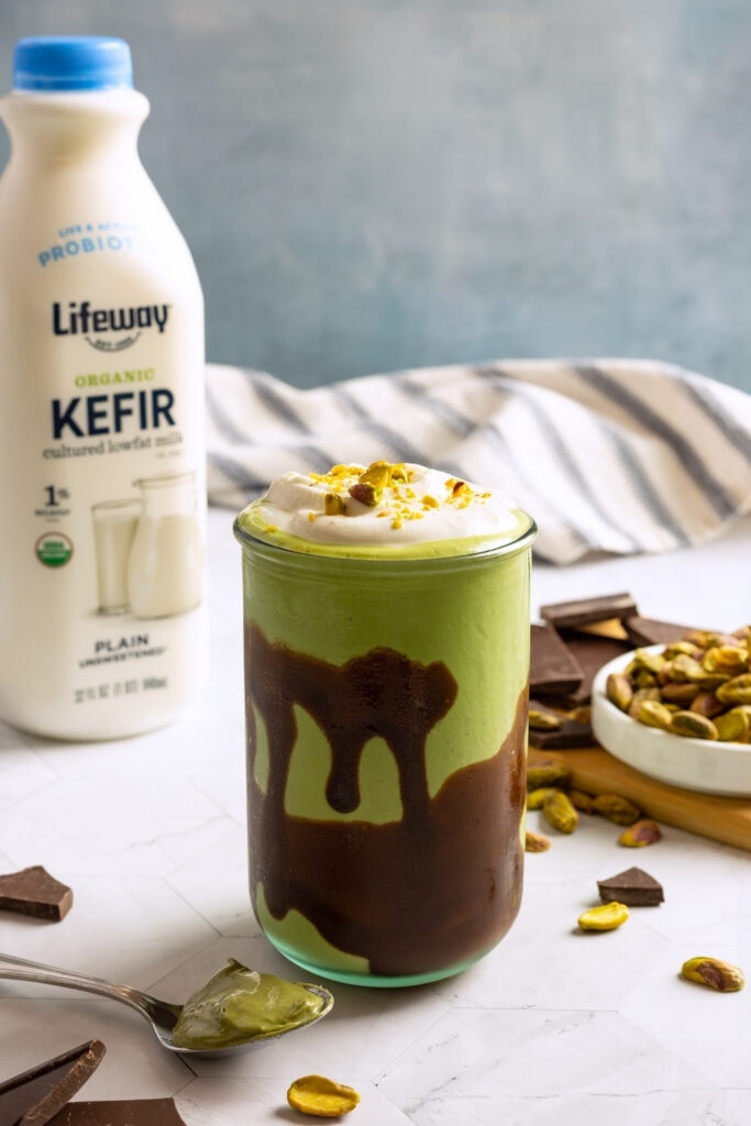 Dubai Chocolate Smoothie with Probiotic Cold Foam made with Lifeway