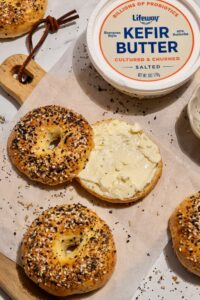 Easy Buttered Protein Bagels made with Lifeway Farmer Cheese and Lifeway Salted Kefir Butter