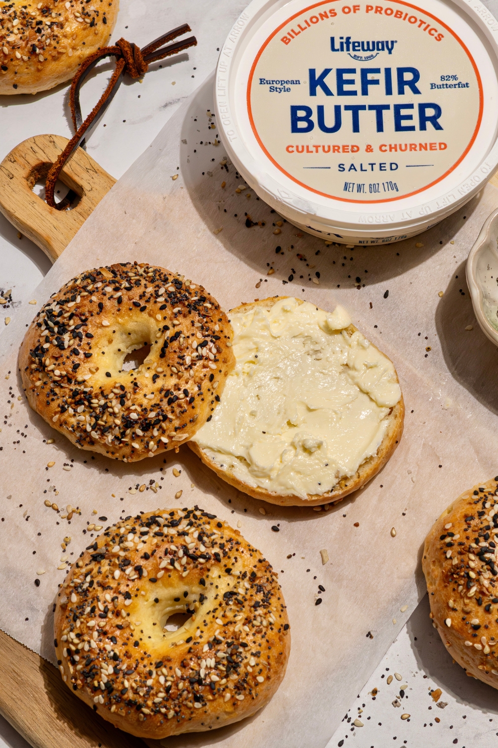 Easy Buttered Protein Bagels made with Lifeway Farmer Cheese and Lifeway Salted Kefir Butter
