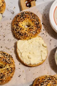 Easy Buttered Protein Bagels made with Lifeway Farmer Cheese and Lifeway Salted Kefir Butter