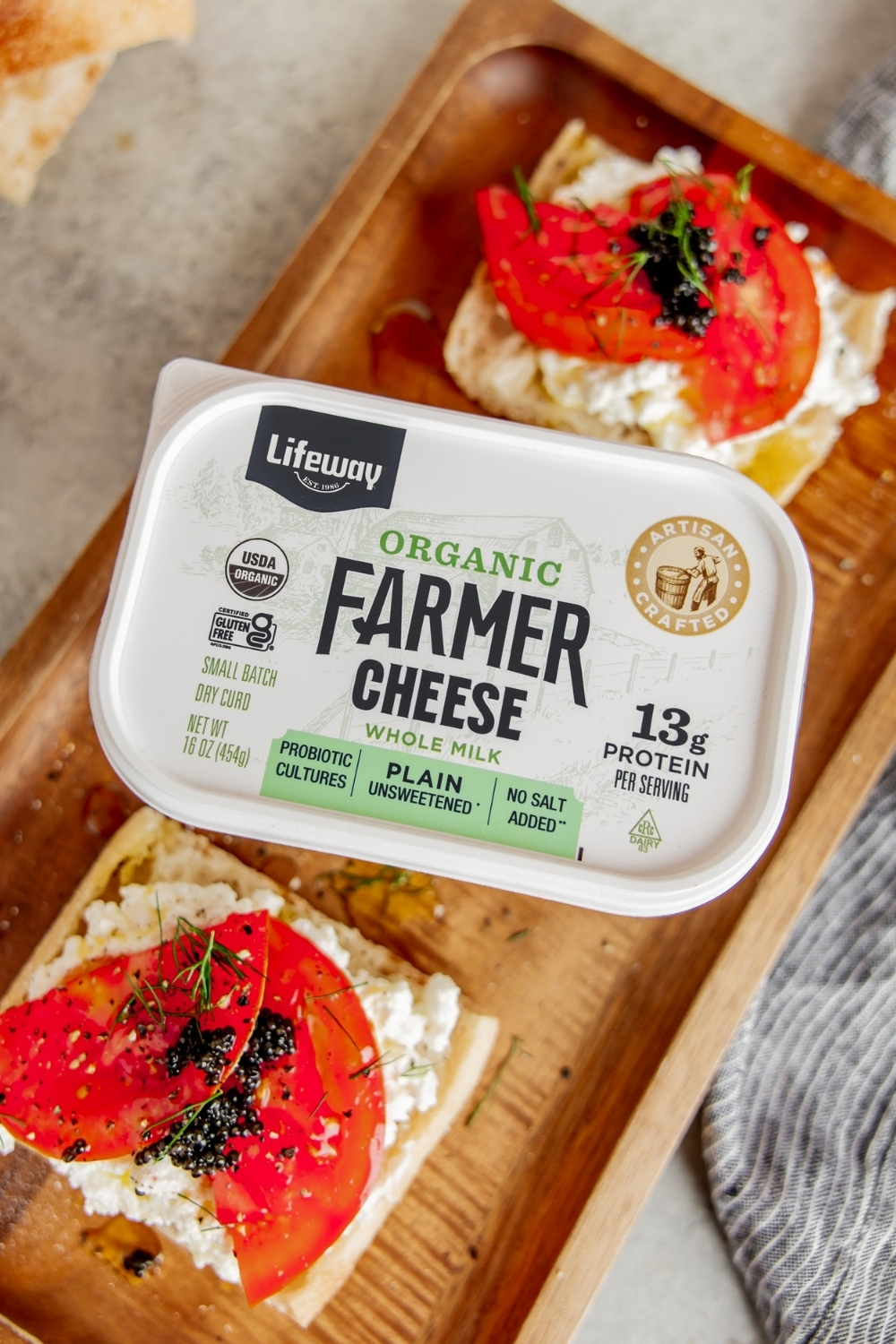 Farmer Cheese Caviar Toast made with Organic Lifeway Farmer Cheese, tomatoes, and caviar on ciabatta bread