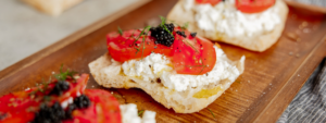 Farmer Cheese Caviar Toast made with Organic Lifeway Farmer Cheese, tomatoes, and caviar on ciabatta bread