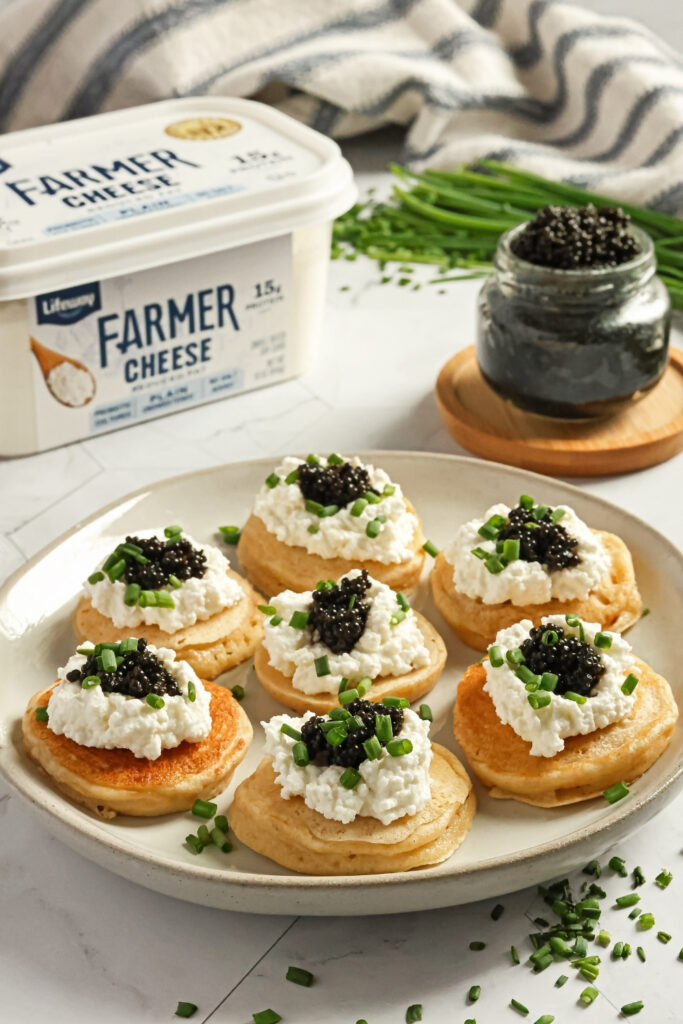 Farmer Cheese and Caviar Blini made with Lifeway Kefir and Farmer Cheese
