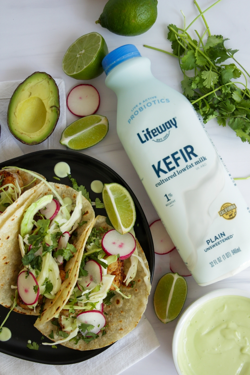 Grilled Shrimp Tacos with Avocado Kefir Créma made with Lifeway Kefir