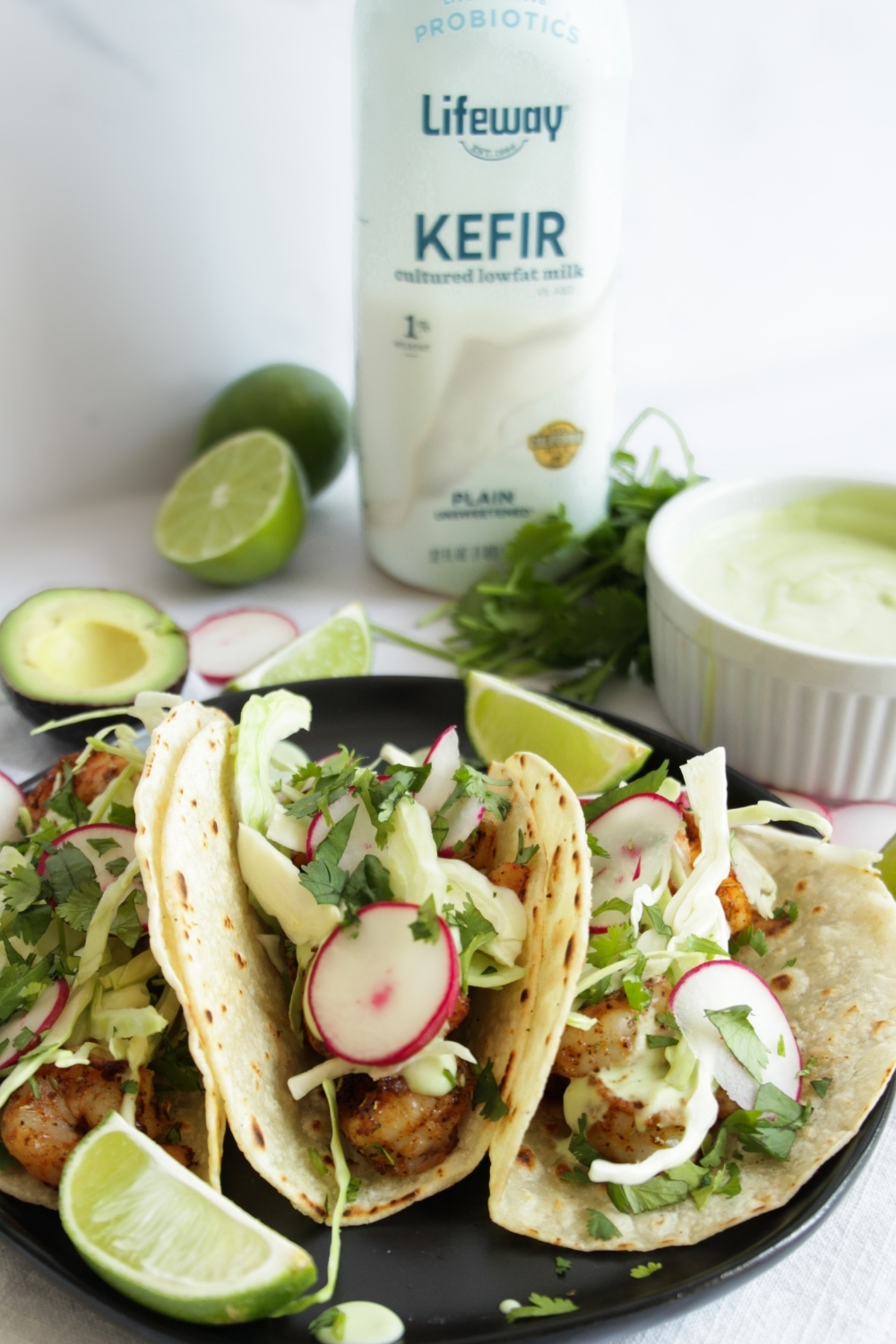 Grilled Shrimp Tacos with Avocado Kefir Créma made with Lifeway Kefir
