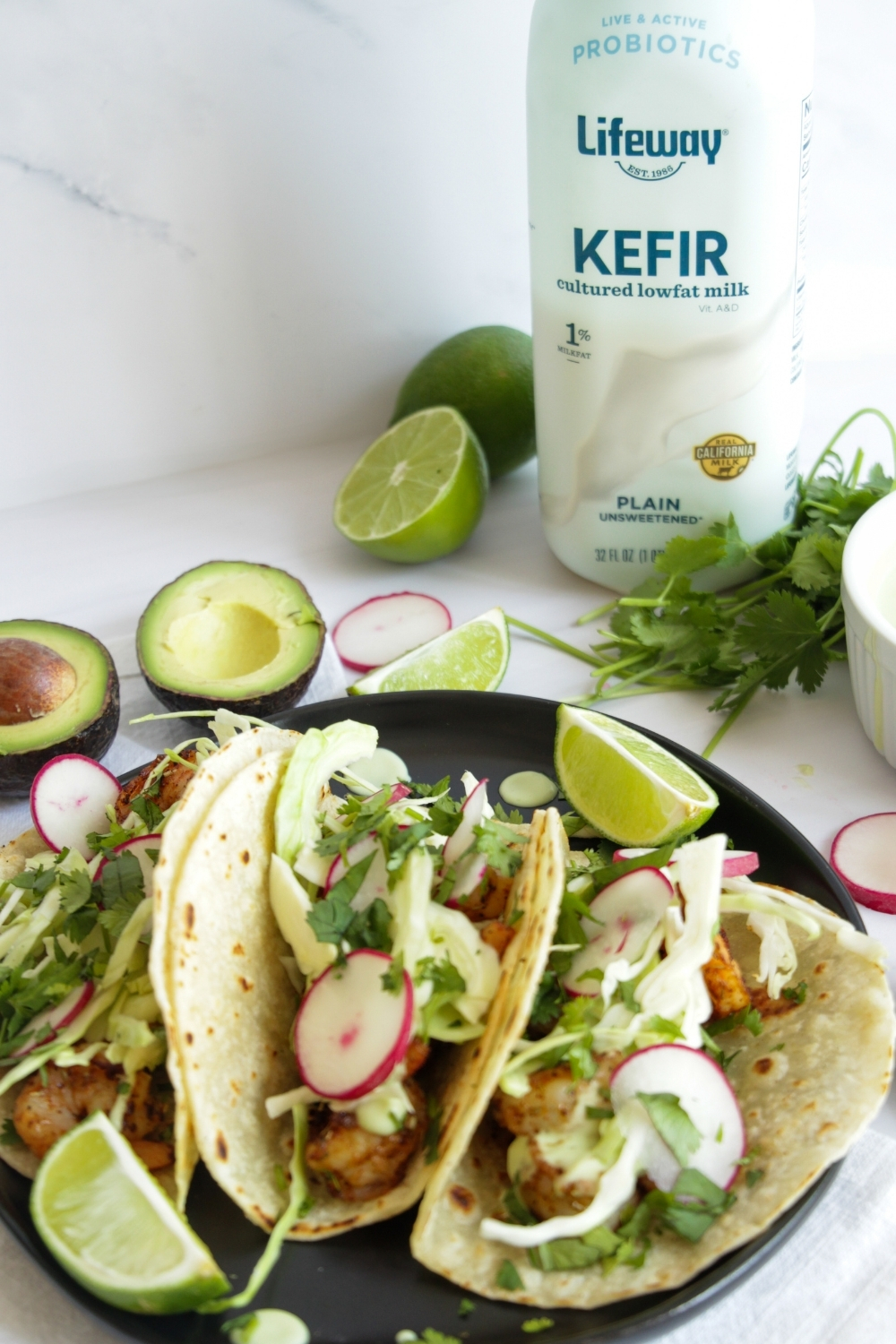 Grilled Shrimp Tacos with Avocado Kefir Créma made with Lifeway Kefir