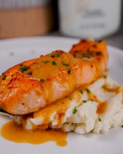 Honey Glazed Kefir Salmon with Honey Butter Mashed Potatoes made with Lifeway