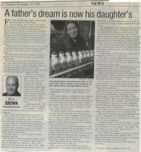 News article on Julie Smolyanksy, who becomes youngest female CEO of Lifeway Foods in 2002, maker of Lifeway Kefir founded in 1986