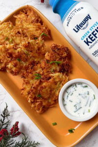 Latkes with Garlic Chive Kefir Dip made with probiotic Lifeway Kefir