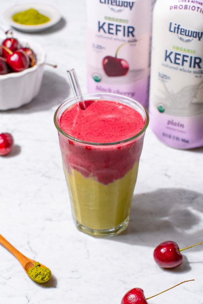 Layered Black Cherry Matcha Smoothie made with Lifeway Kefir