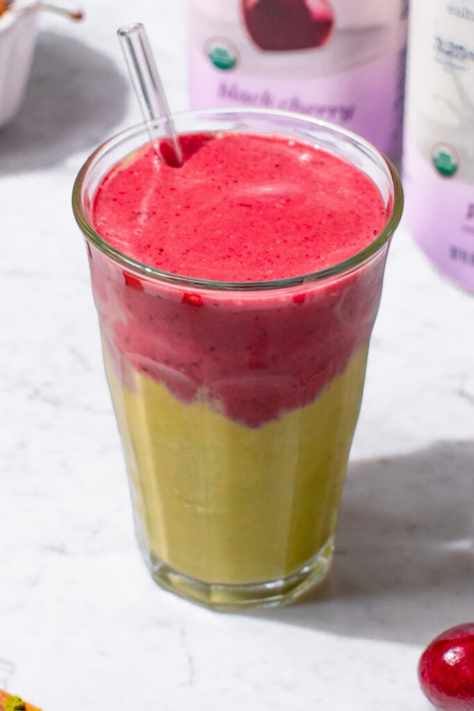 Layered Black Cherry Matcha Smoothie made with Lifeway Kefir