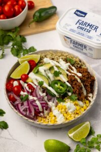 Loaded Taco Bowl with Farmer Cheese Crema made with Lifeway Farmer Cheese