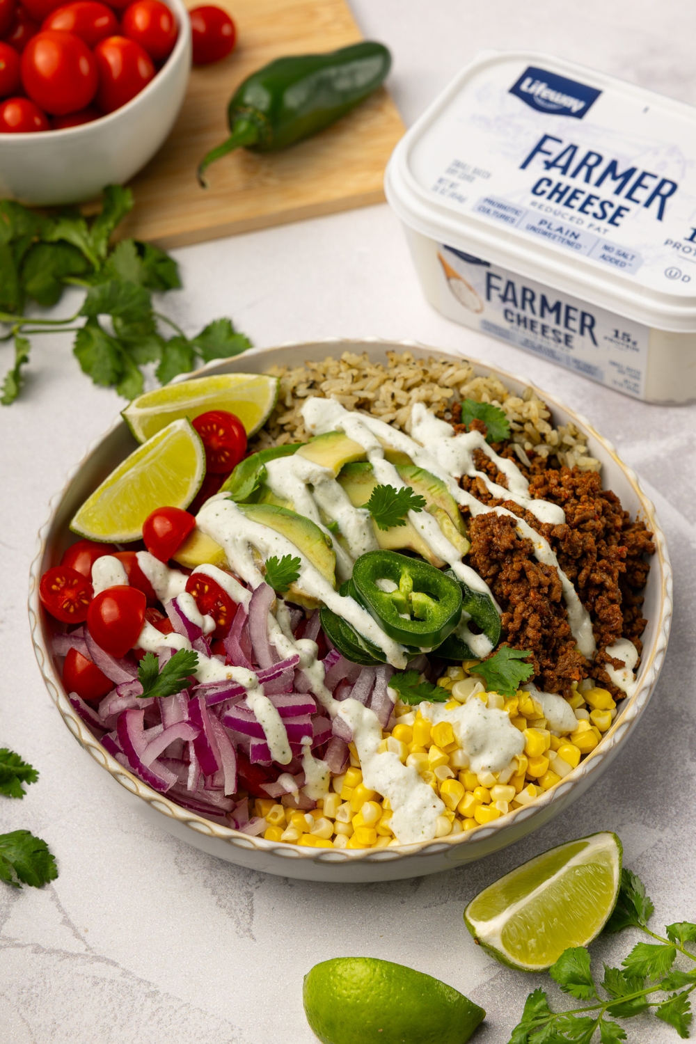 Loaded Taco Bowl with Farmer Cheese Crema made with Lifeway Farmer Cheese