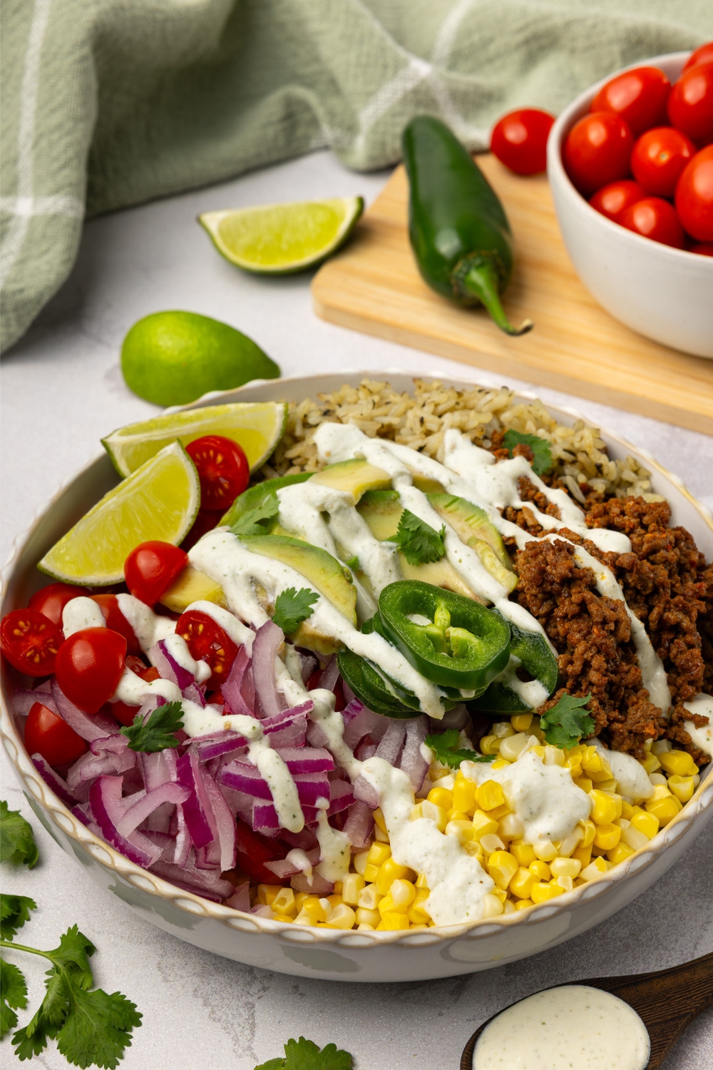 Loaded Taco Bowl with Farmer Cheese Crema made with Lifeway Farmer Cheese