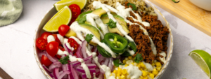 Loaded Taco Bowl with Farmer Cheese Crema made with Lifeway Farmer Cheese