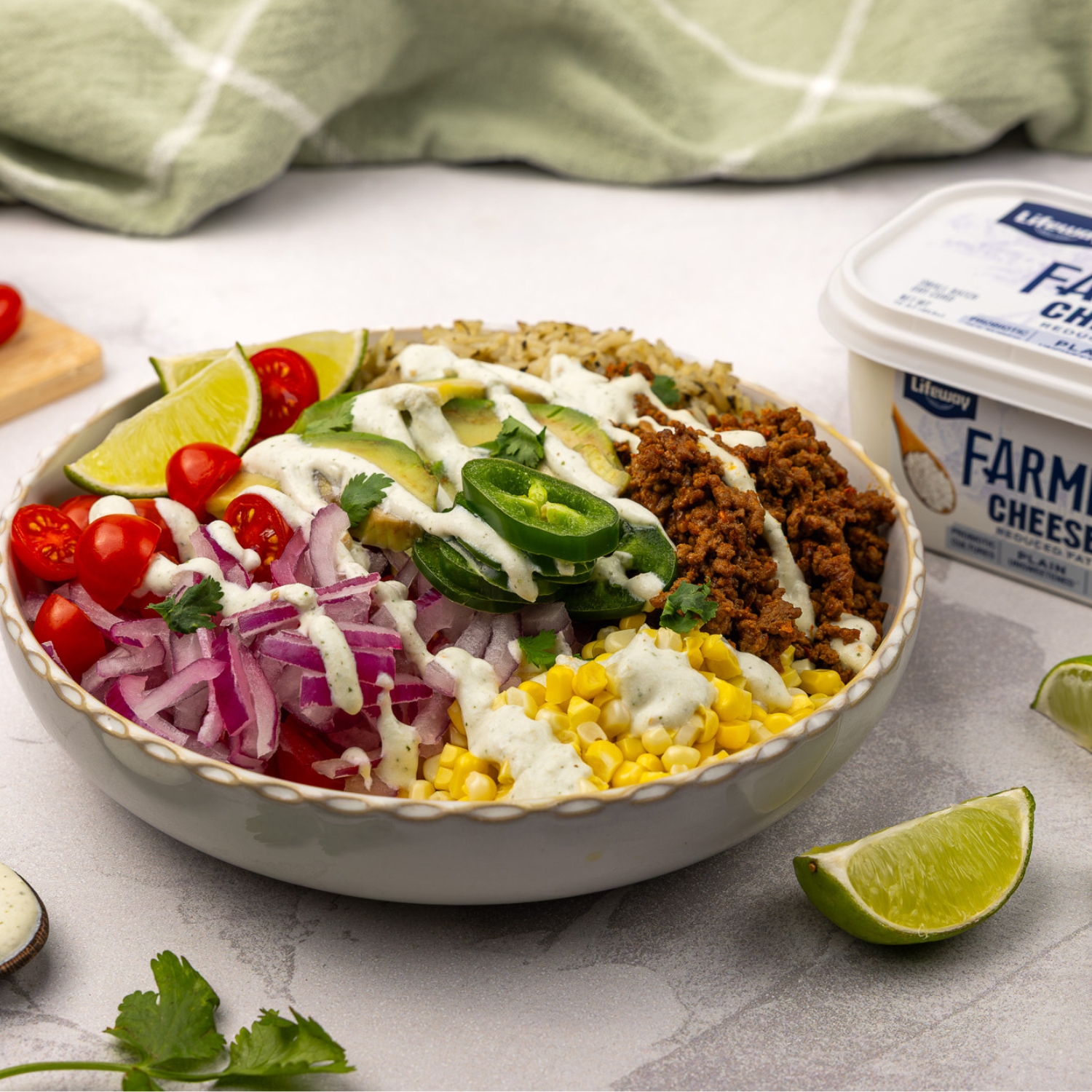Loaded Taco Bowl with Farmer Cheese Crema made with Lifeway Farmer Cheese