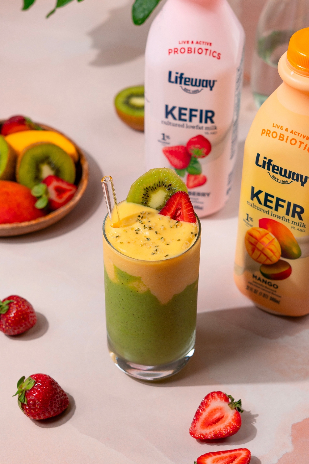 Mango Kiwi Layered Green Smoothie made with Lifeway Kefir 