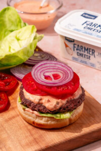 Open Face Burgers with Farmer Cheese Sauce - Made with Lifeway