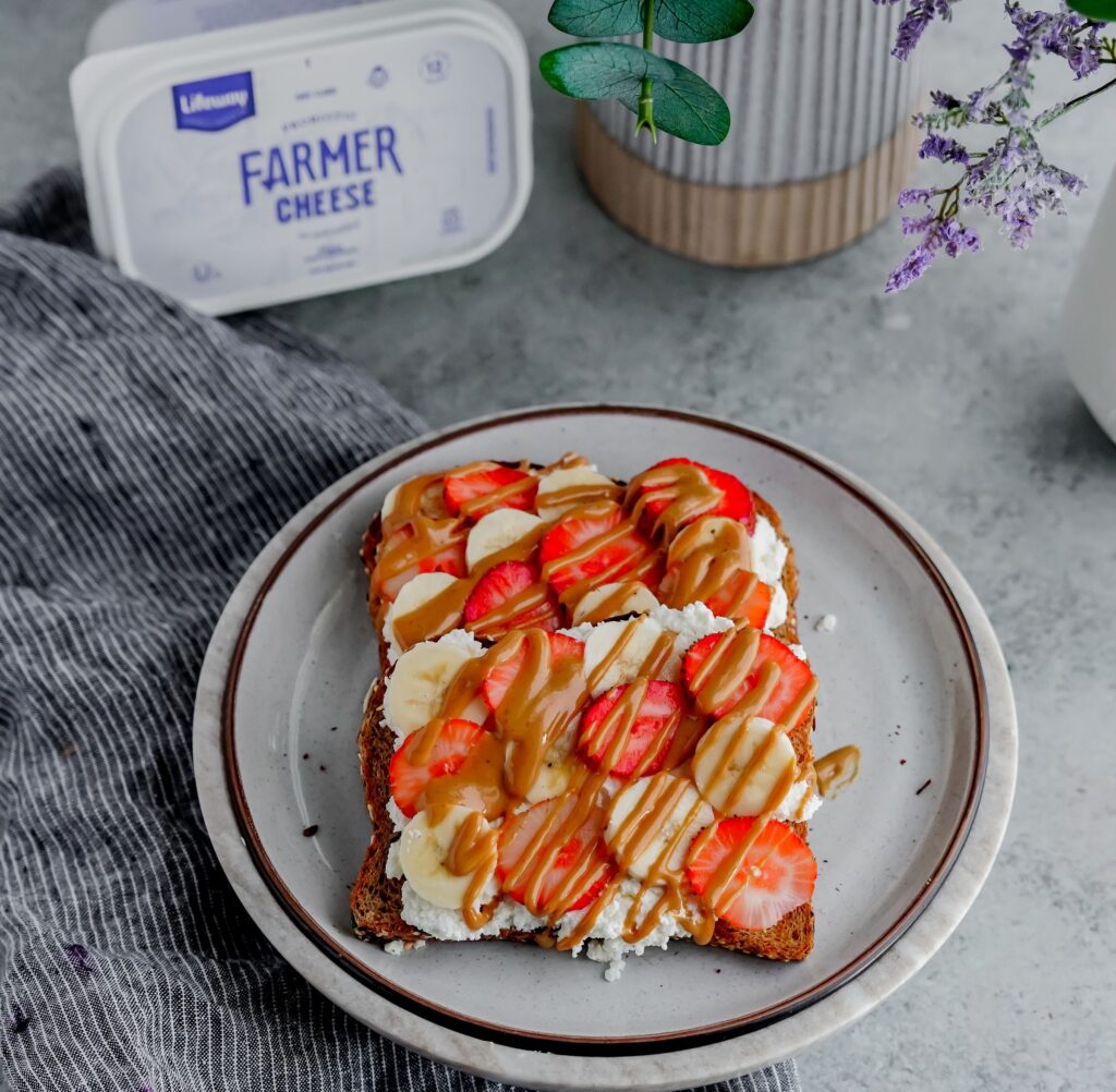 Peanut Butter Strawberry Banana Toast with Lifeway Farmer Cheese