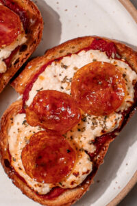 Pizza Toast with Farmer Cheese made with Lifeway Farmer Cheese