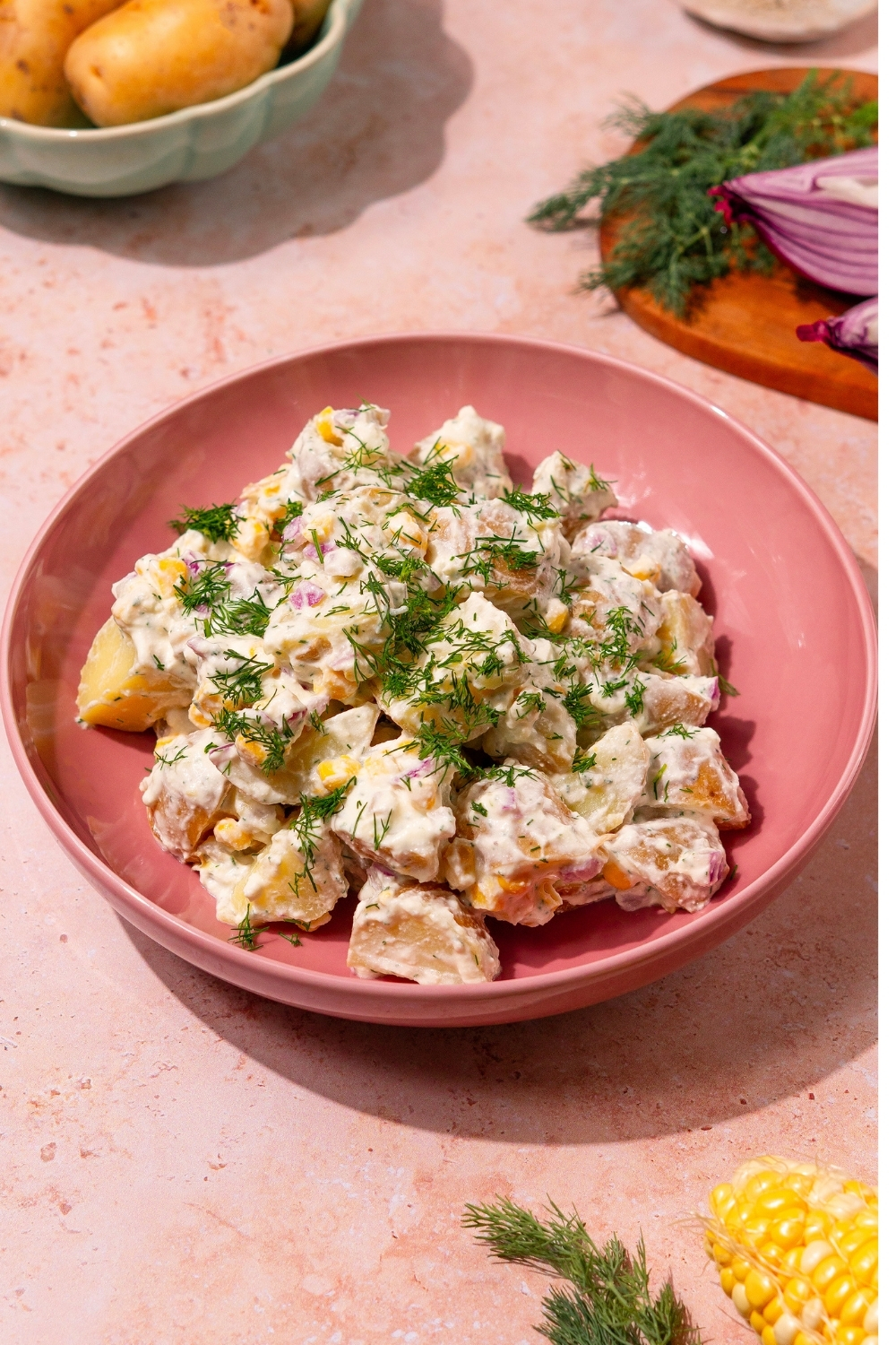 Probiotic Potato Corn Salad made with Lifeway Kefir and Farmer Cheese
