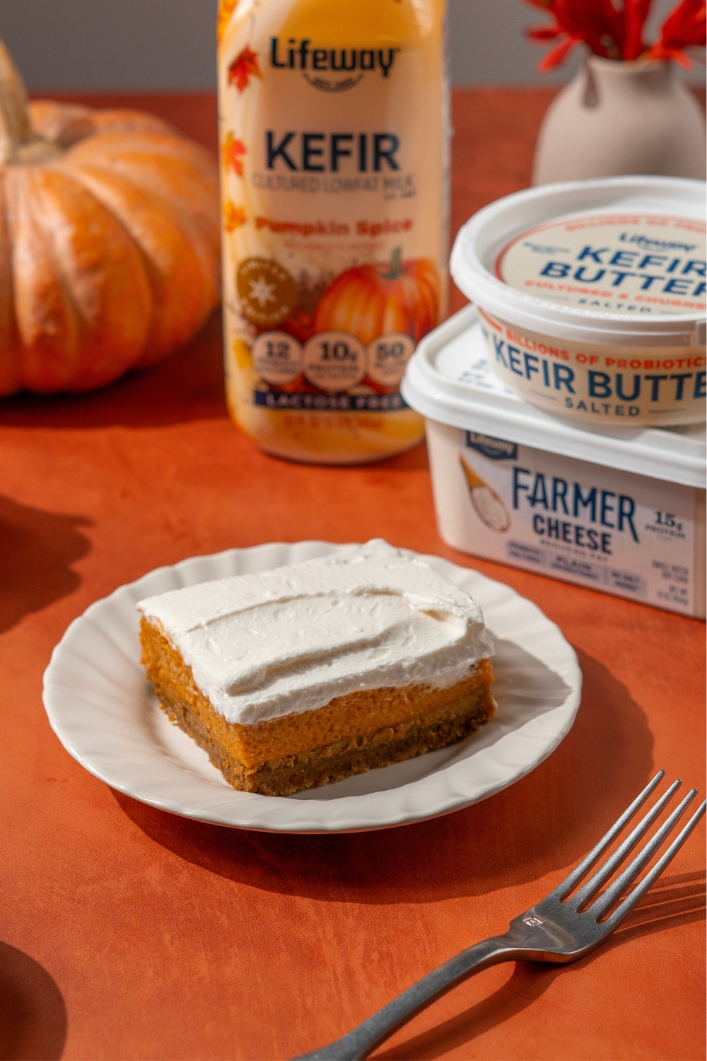 Probiotic Pumpkin Mousse Cheesecake Made with Lifeway Kefir, Lifeway Farmer Cheese, and Lifeway Kefir Butter