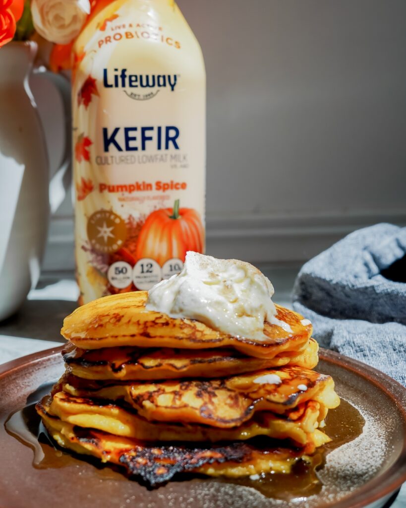 Pumpkin Spice Protein Pancakes made with Lifeway Kefir