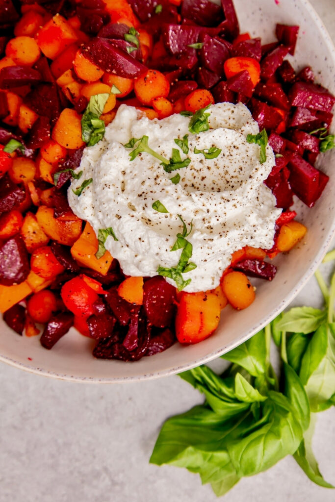 Roasted Beets and Carrots with Whipped Farmer Cheese 