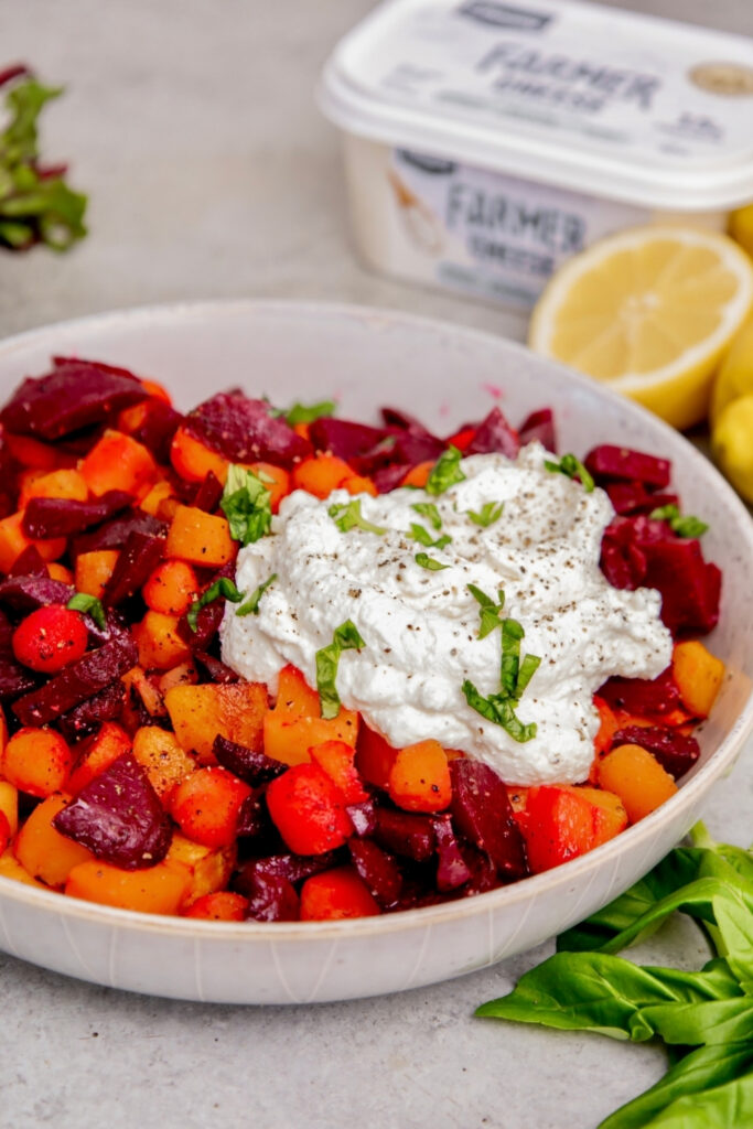 Roasted Beets and Carrots with Whipped Farmer Cheese 