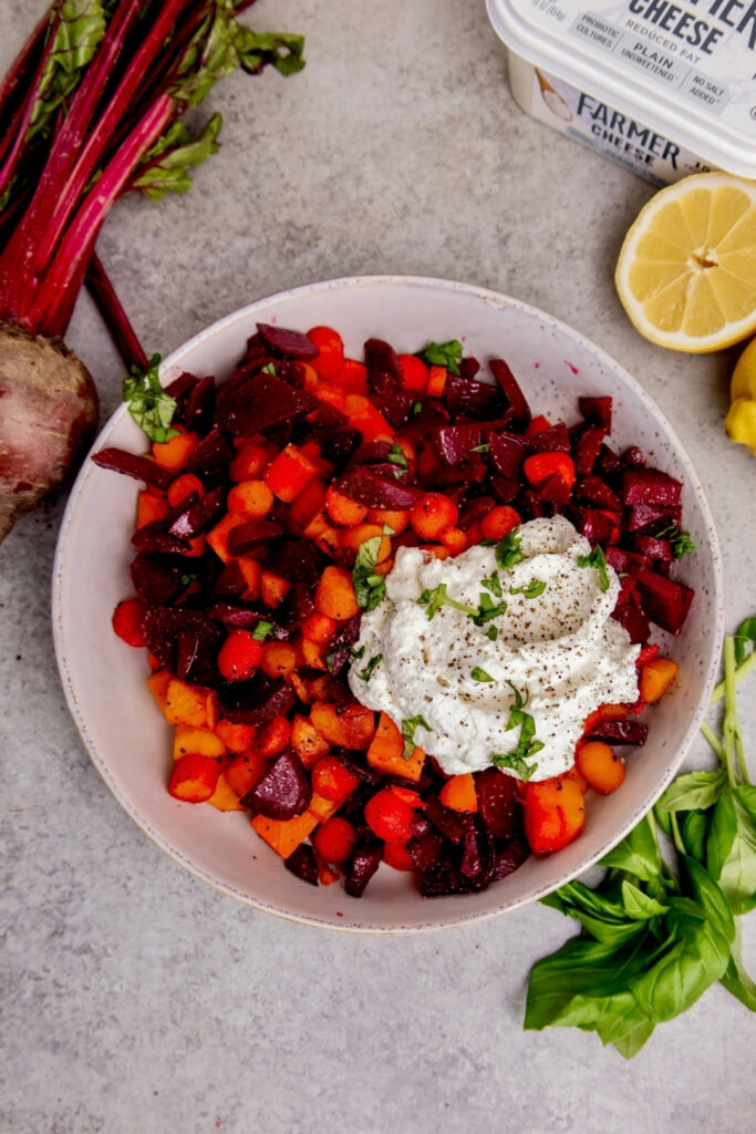Roasted Beets and Carrots with Whipped Farmer Cheese 