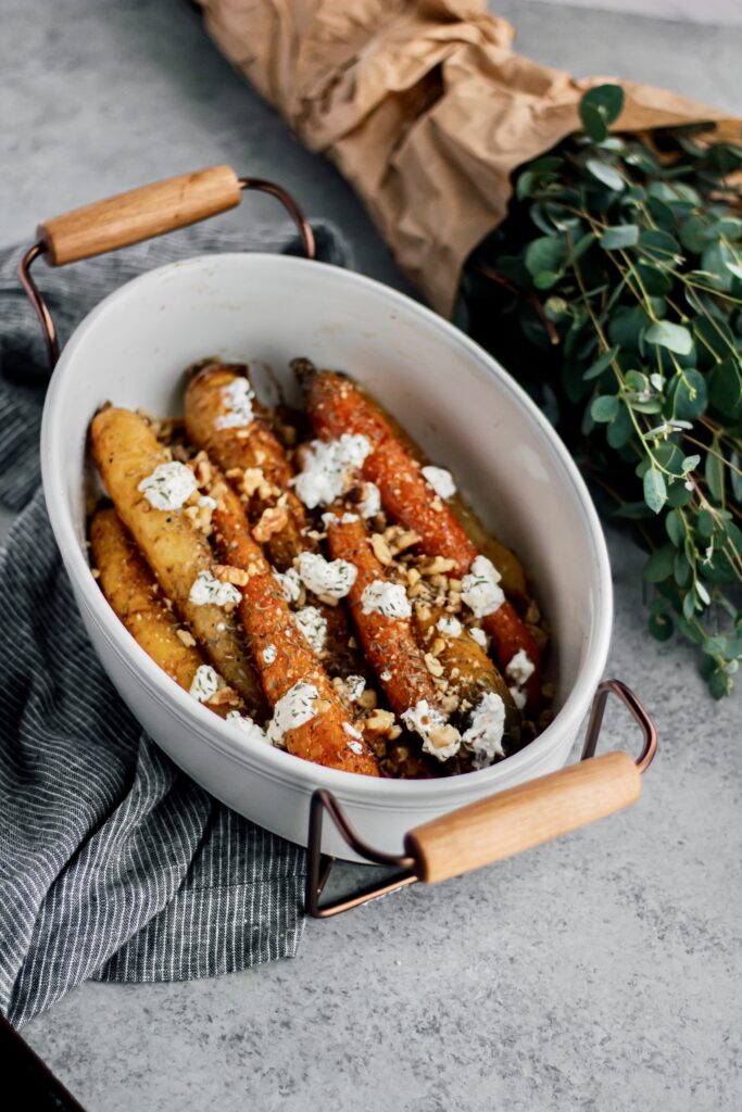 Roasted Carrots with Candied Pecans and Farmer Cheese 