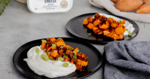 Roasted Sweet Potatoes with Whipped Farmer Cheese and Chili Crisp made with Lifeway Farmer Cheese