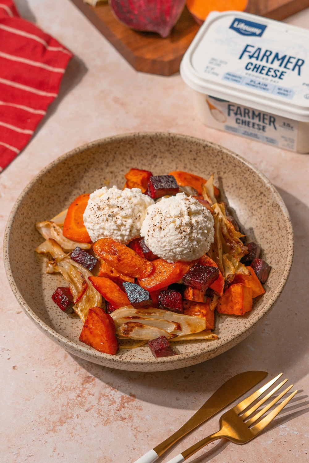 Savory Sheet Pan Veggie Bake Made with Lifeway Kefir Butter and Farmer Cheese 