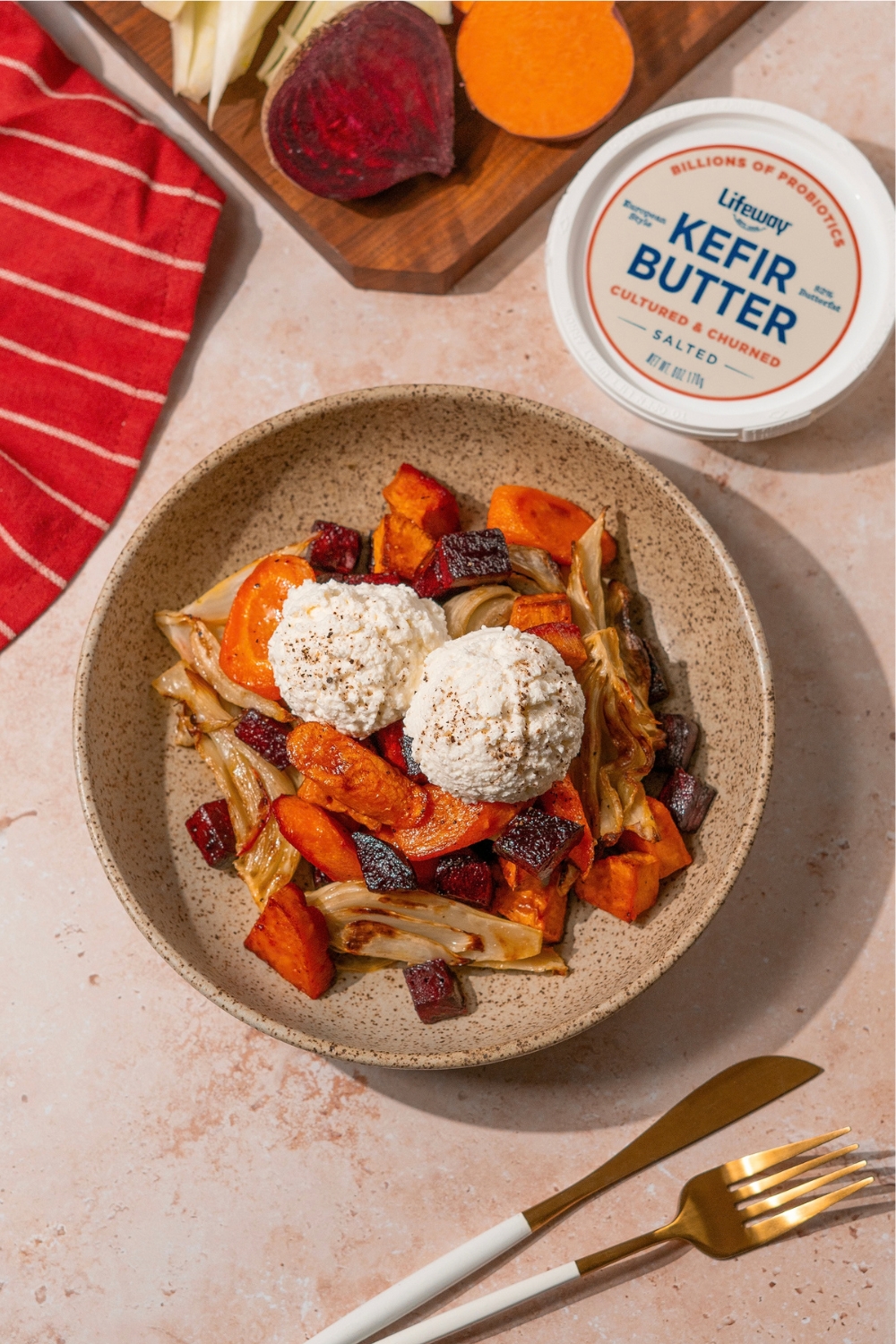 Savory Sheet Pan Veggie Bake Made with Lifeway Kefir Butter and Farmer Cheese 